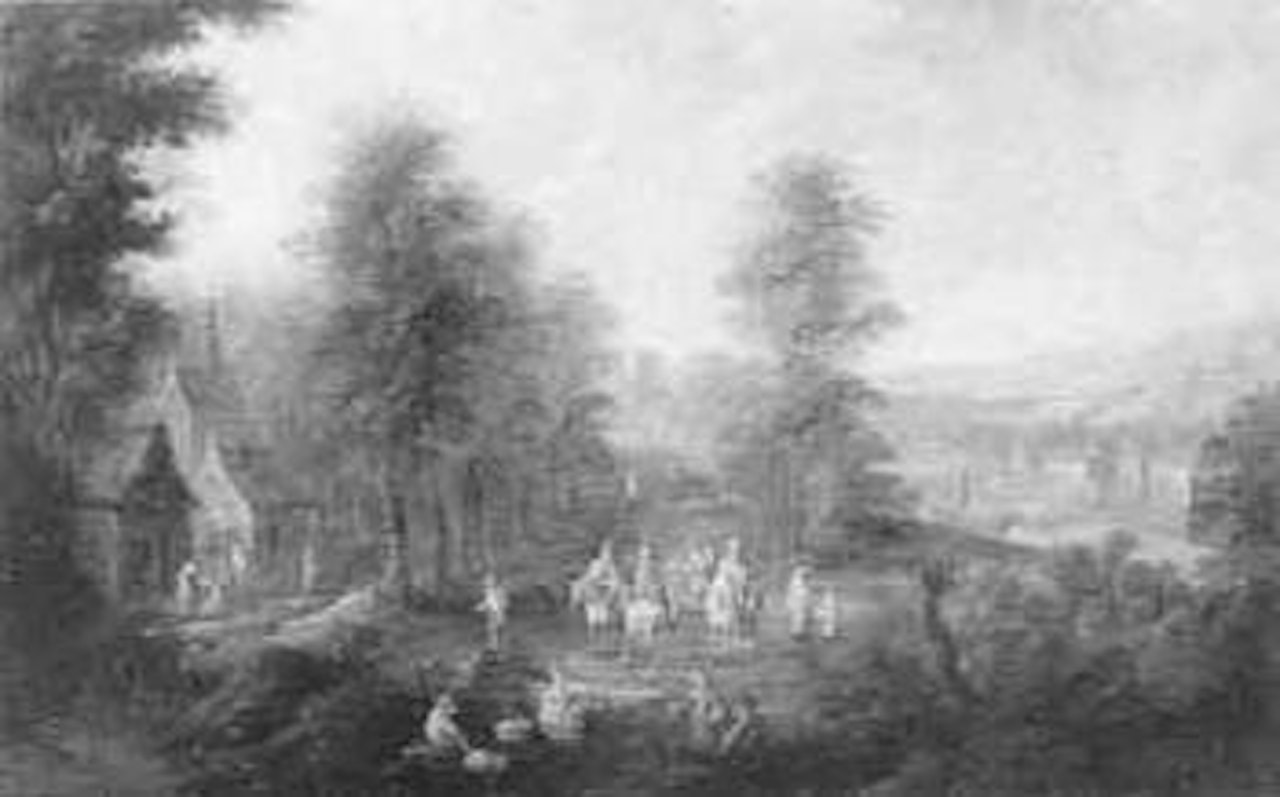 Horsemen meeting on path in river landscape by Karel Beschey