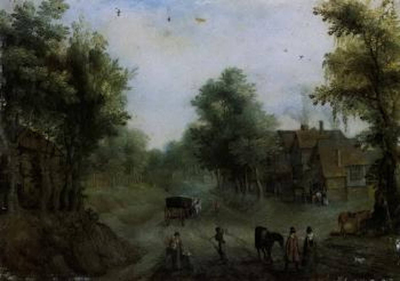 Figures in a village street by Karel Beschey