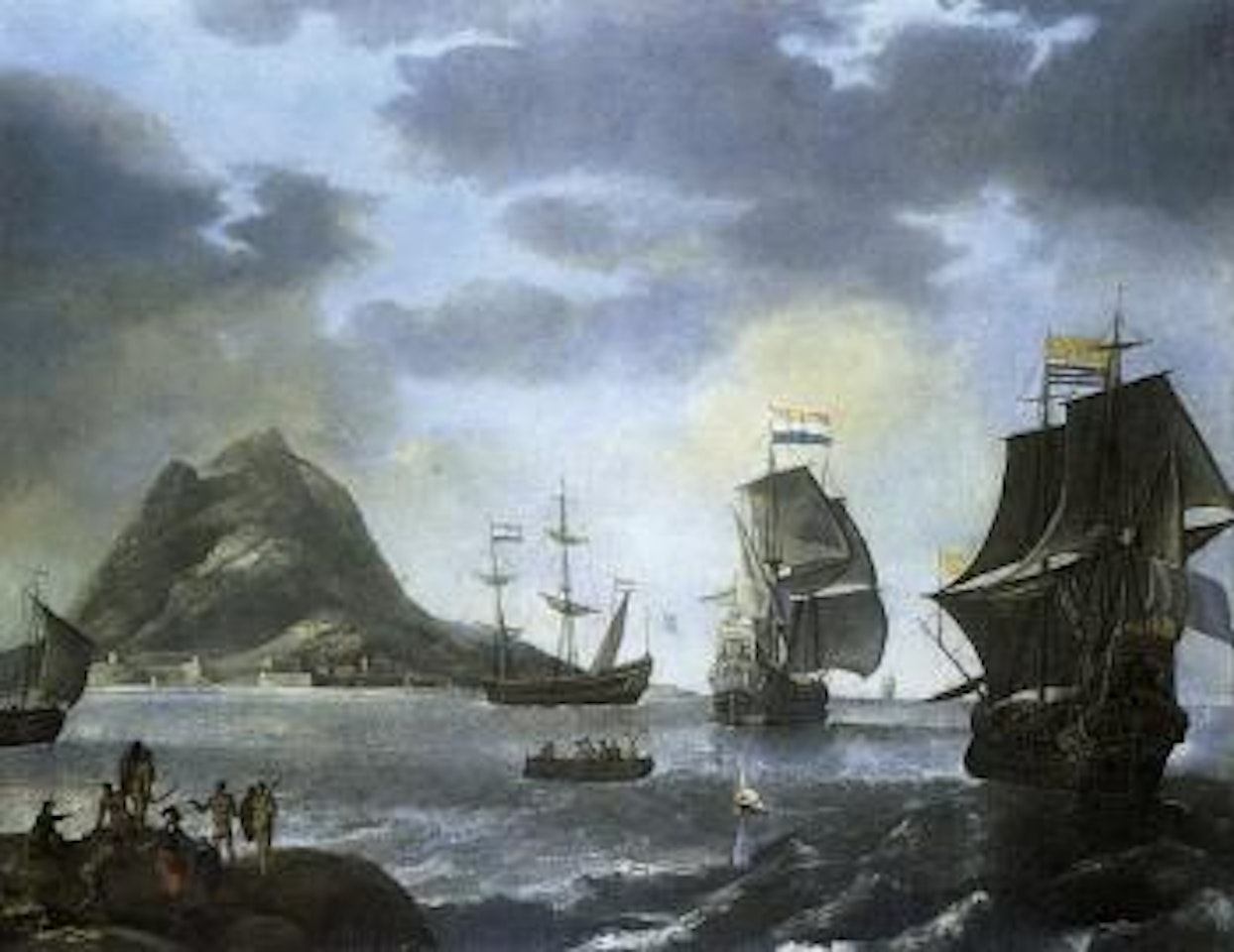 Dutch ships off a fantasy coast possibly the Dutch East Indies by Jan Abrahamsz. Beerstraten