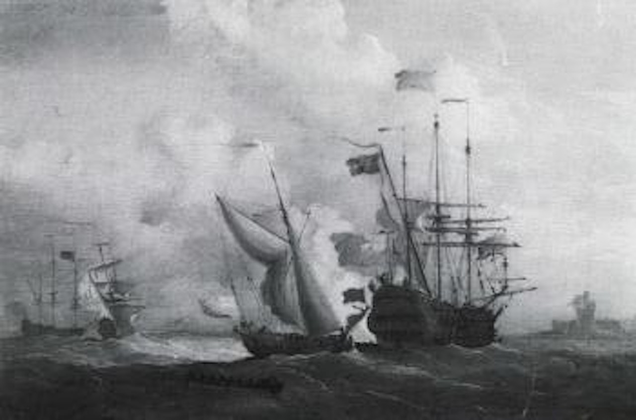 An English flagship with a yacht alongside off the coast by Francis Swaine