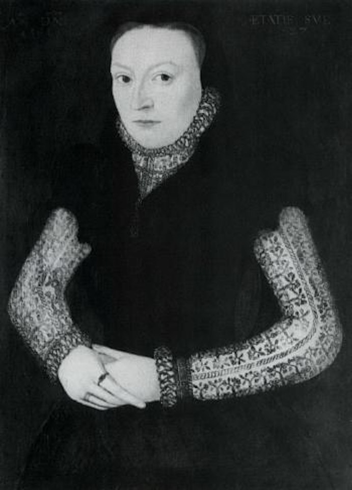 Portrait of a lady wearing a black dress with white laced sleeves and ruff by Master of the Countess of Warwick