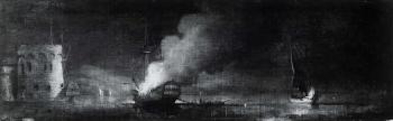 Ship on fire in moonlit estuary by castle by Peter Monamy