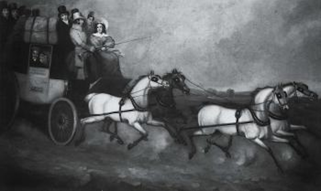 Stage coach from Ninan and Co, Westminster, on the open road by English School