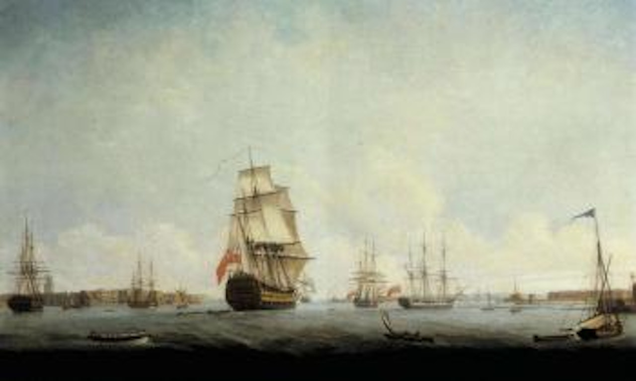 British man of war and other shipping in Portsmouth Harbour by Thomas Elliot