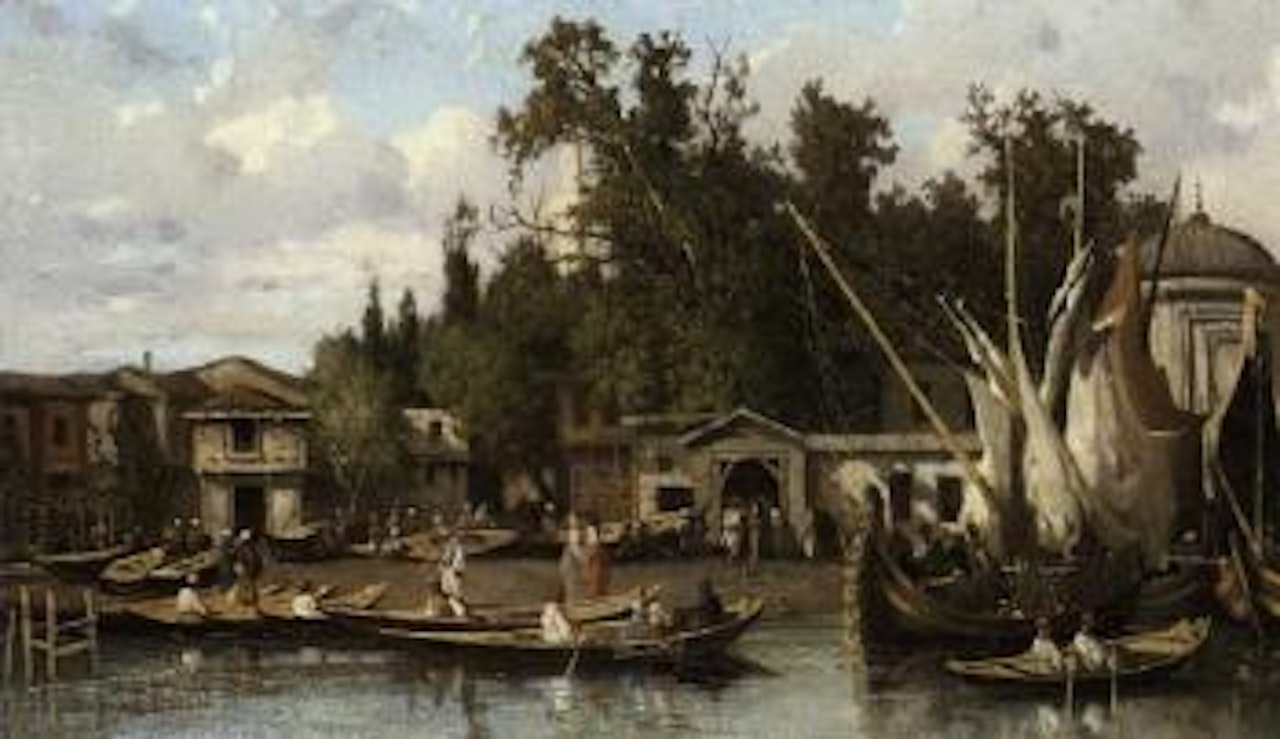 Boatmen on shores on Bosphorus, Constantinople by Germain-Fabius Brest