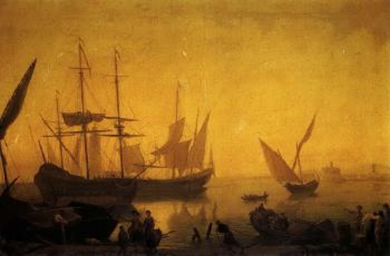 Mediterranean harbour scene at sunset by Claude Joseph Vernet