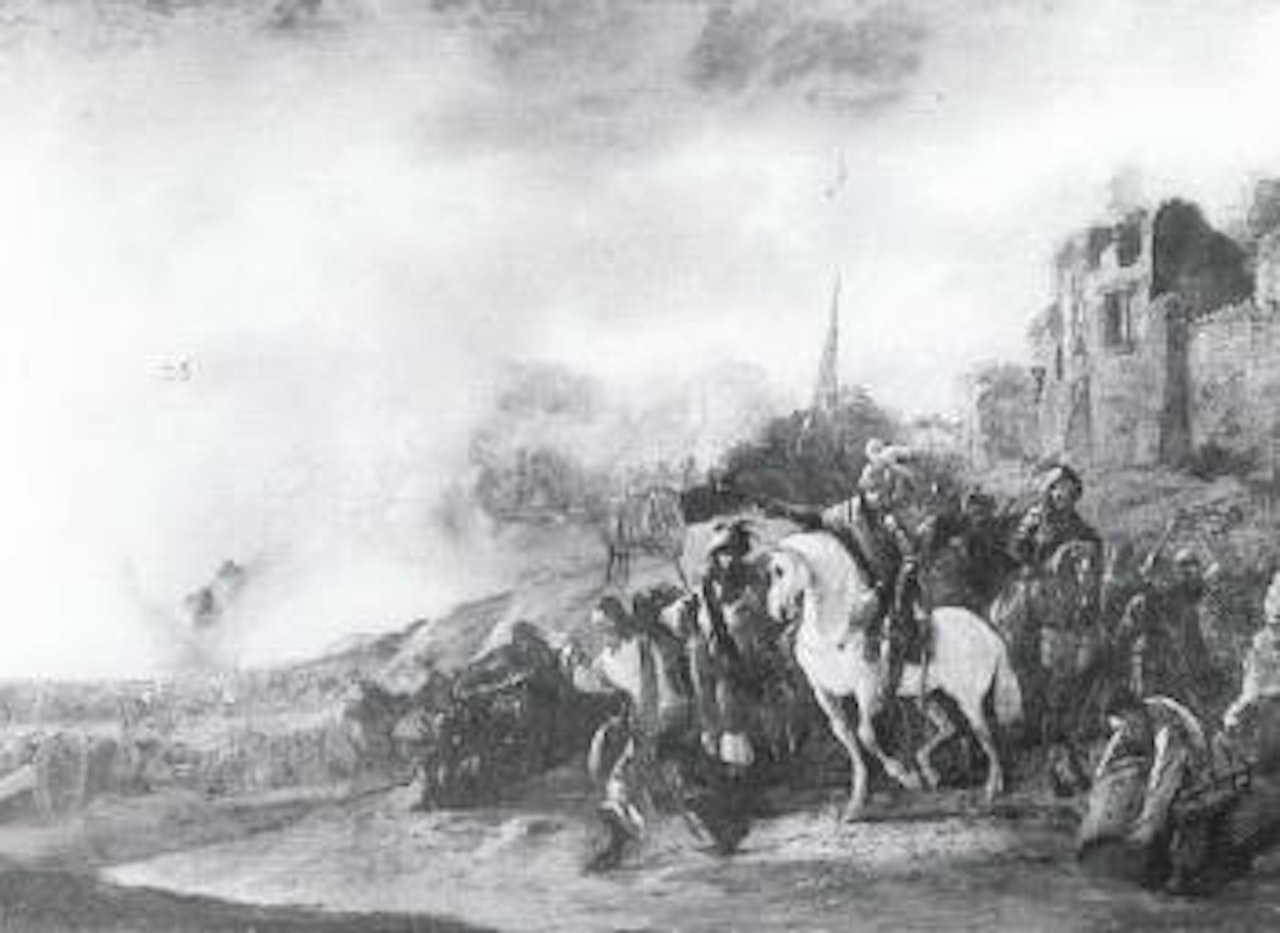 Battle scene outside walled city by Dutch School