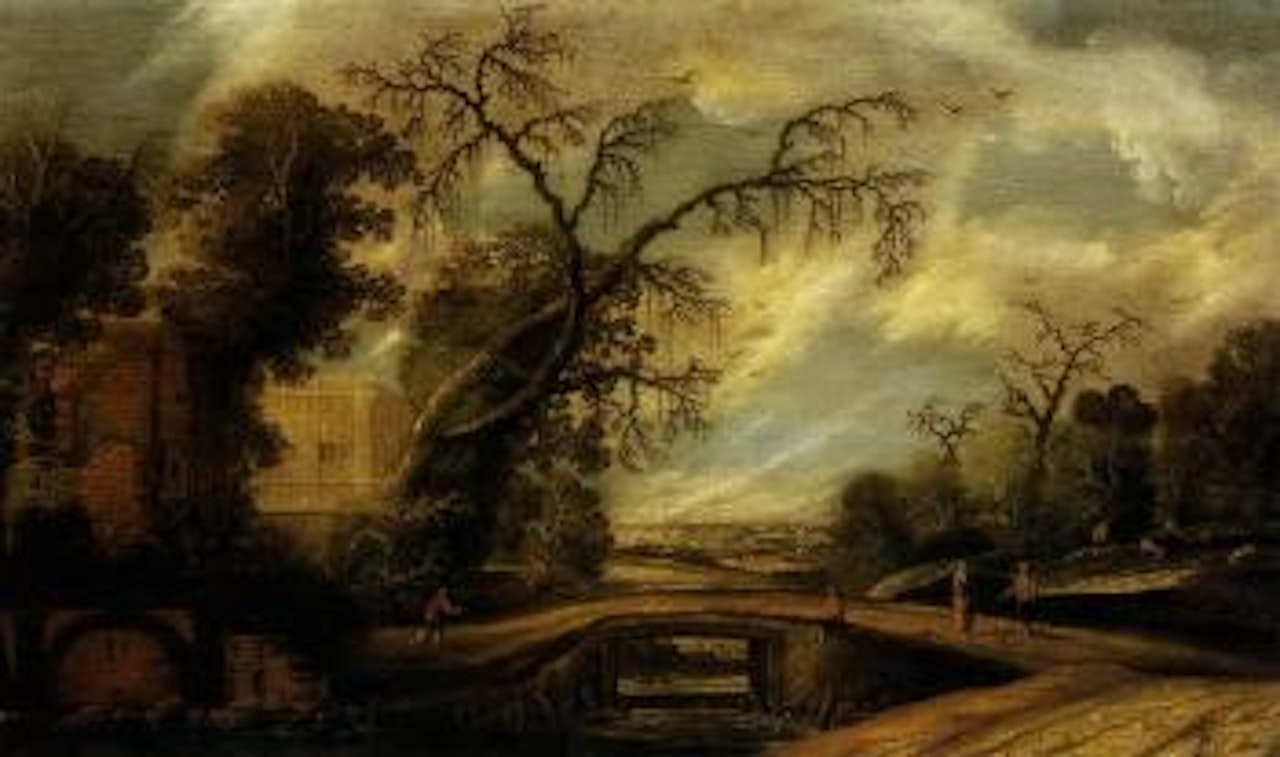 Landscape with figures by bridge by Jacob Jacobsz van Geel