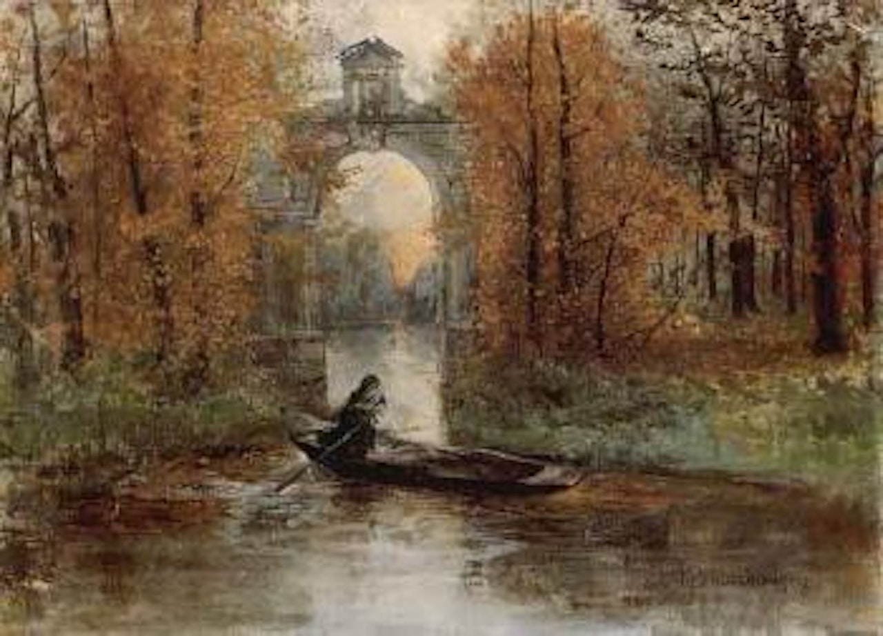 Woman boating in wooded river landscape by Mose Bianchi
