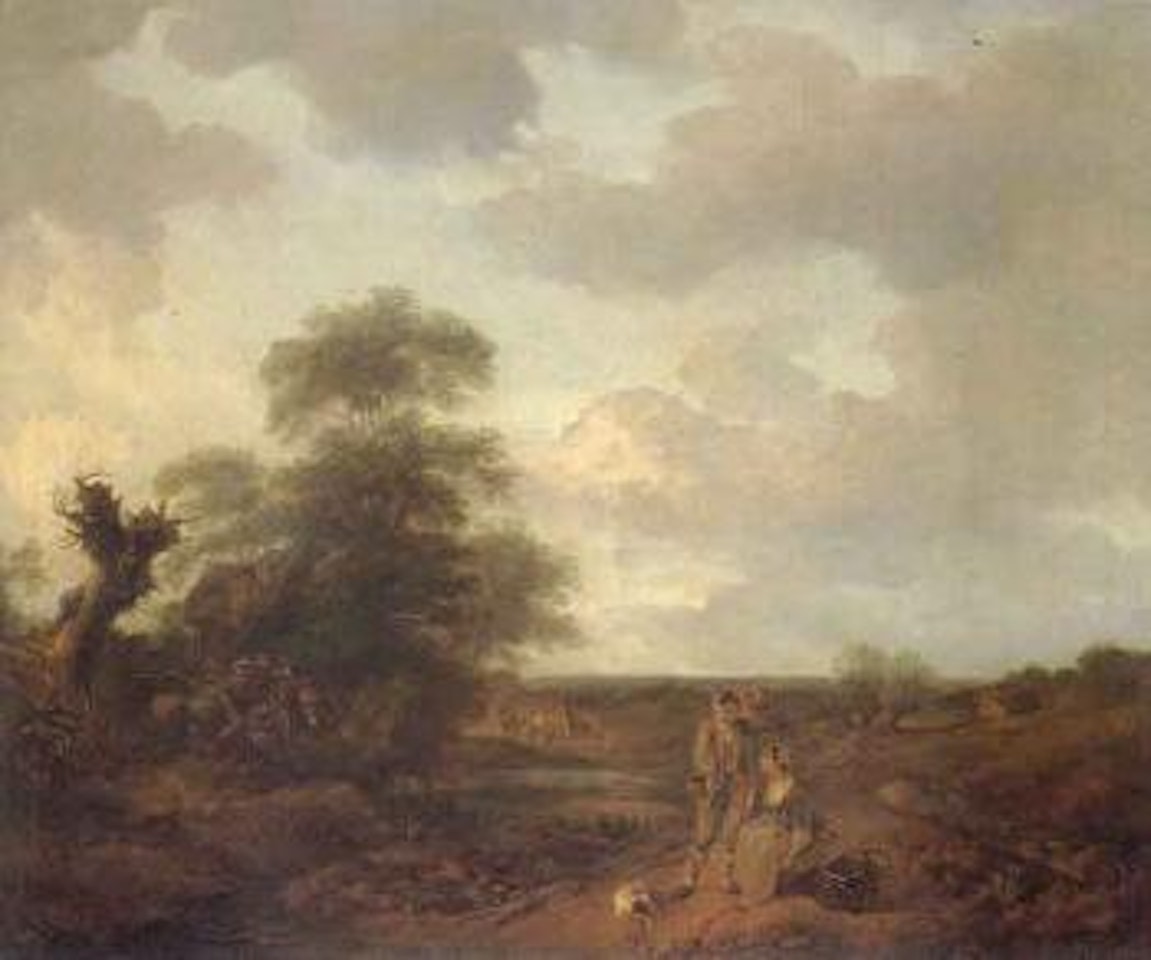 A young couple on a path beside a pond, with donkeys and cart in extensive landscape by Thomas Gainsborough