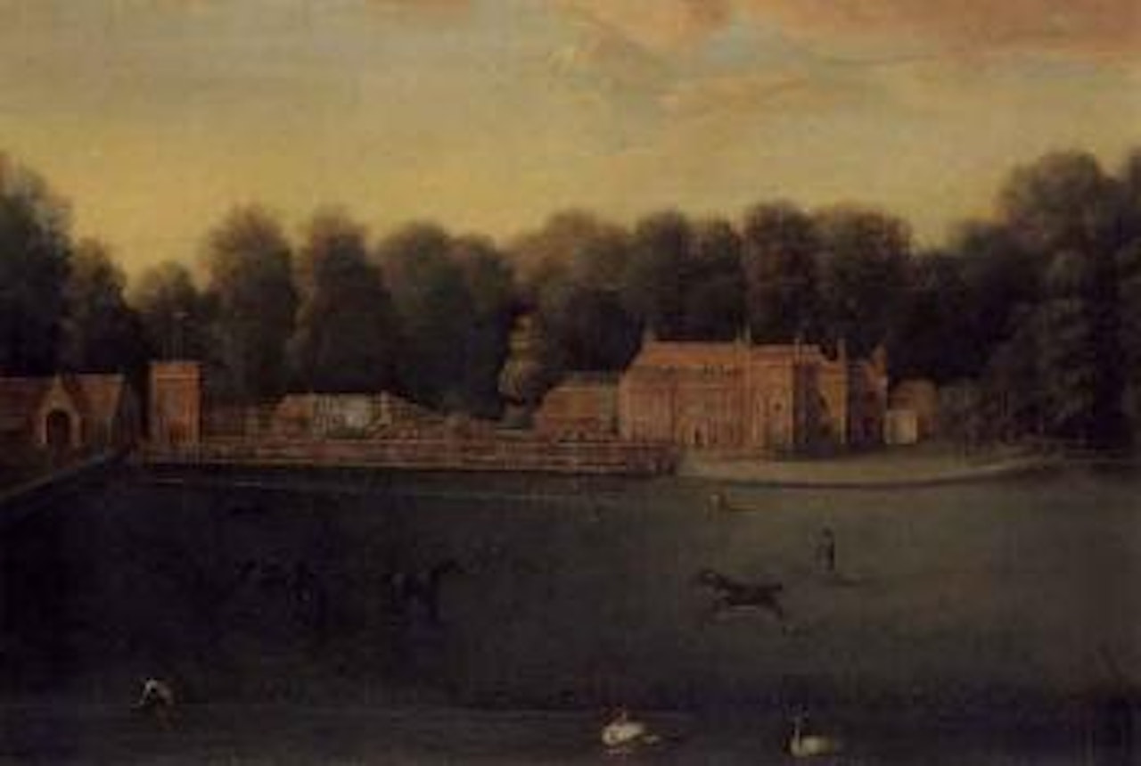 A view of Old Benham House, Berkshire, with horses and figures in the park by English School