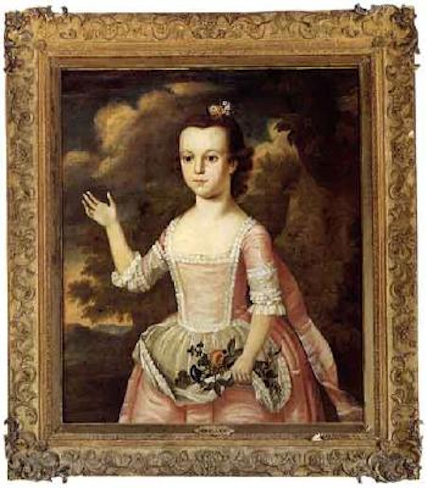 Portrait of Jane Brooke, seated, in pink dress by English School