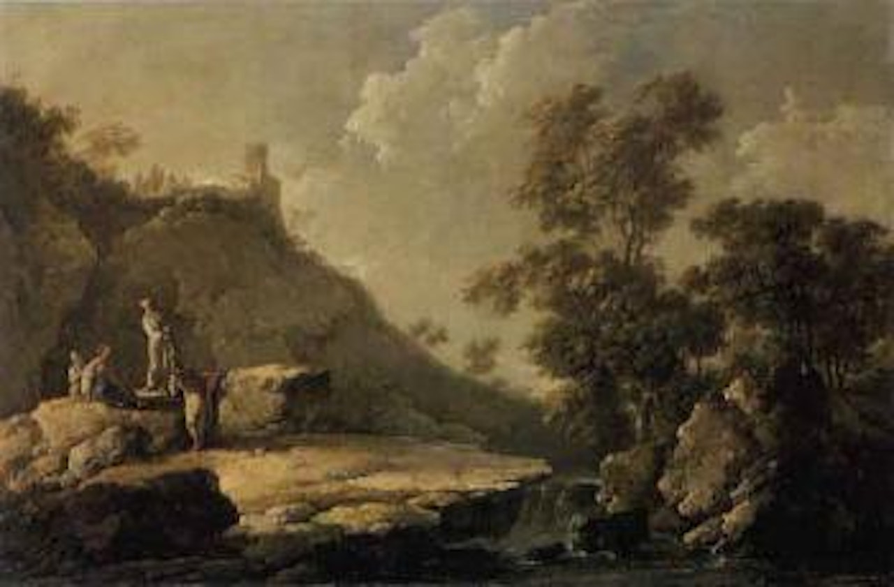 Rocky river landscape with philosopher, soldier and peasant women by Carlo Bonavia