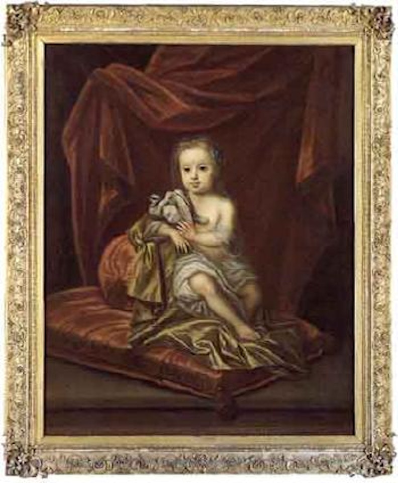 Portrait of little girl, said to be Jemima Brooke, holding dove by English School