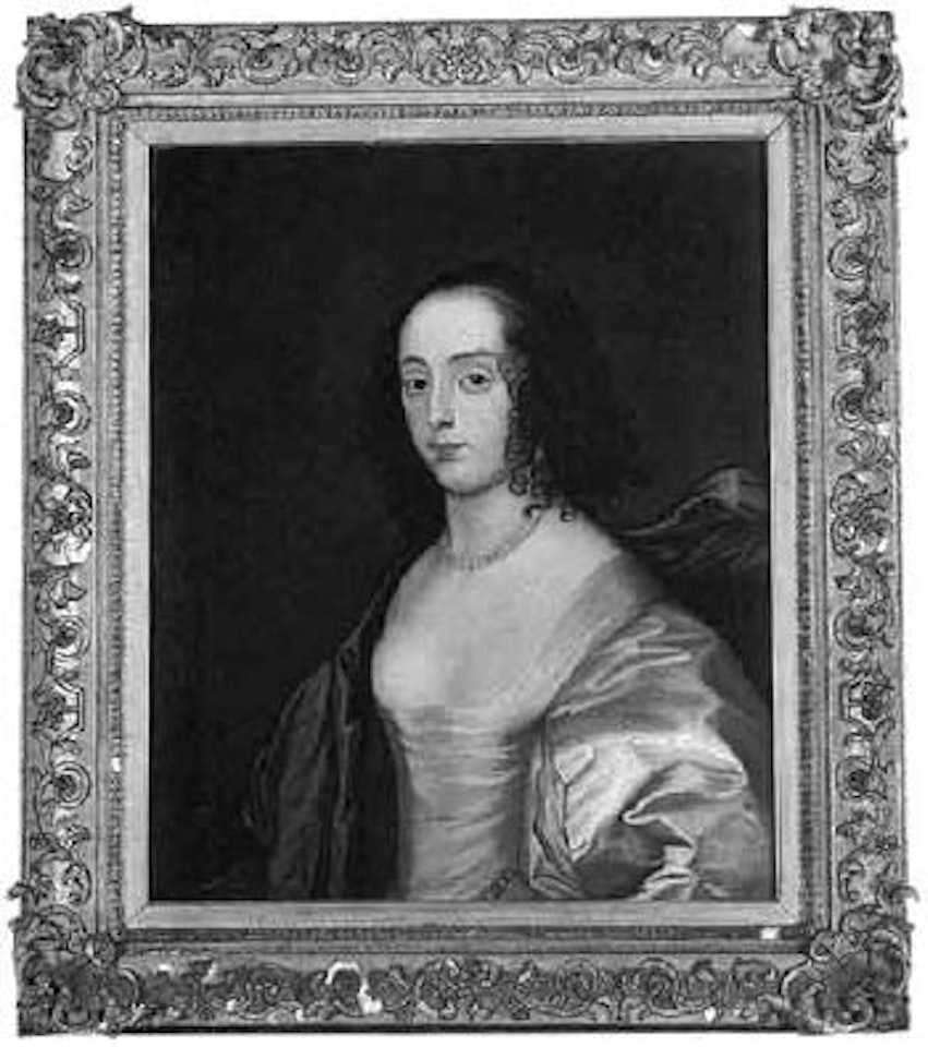 Portrait of lady in white dress, blue wrap and pearl necklace by Anthony van Dyck