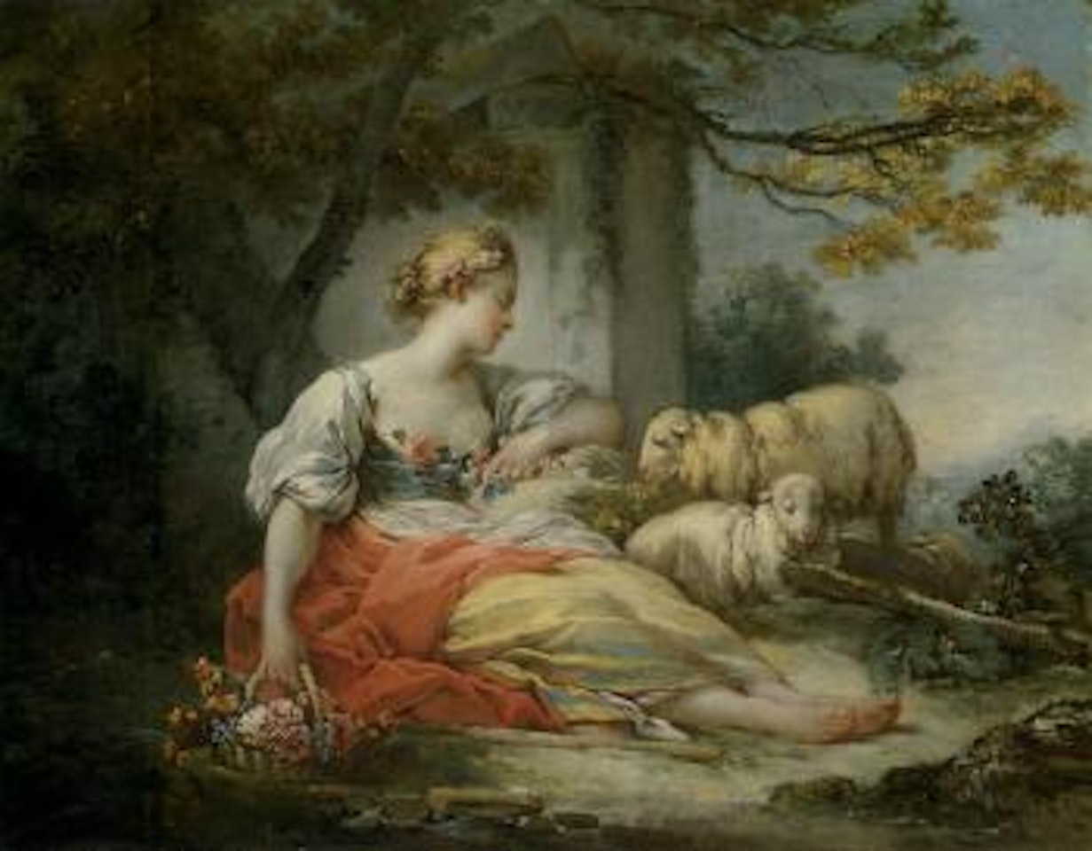 Shepherdess seated with sheep and flowers near ruin in wooded landscape by Jean-Honoré Fragonard