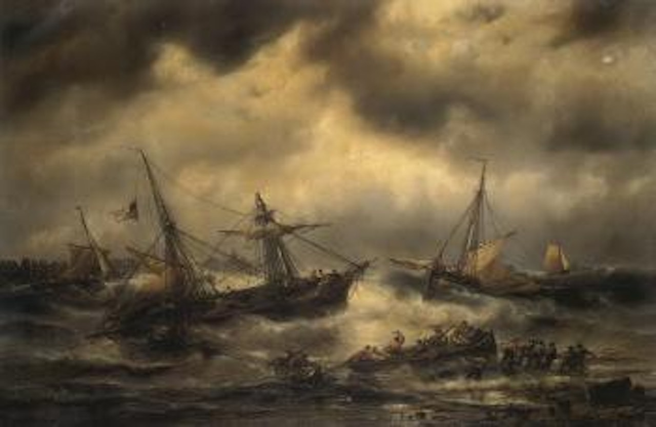 Sailing vessels foundering offshore in a storm by François Etienne Musin