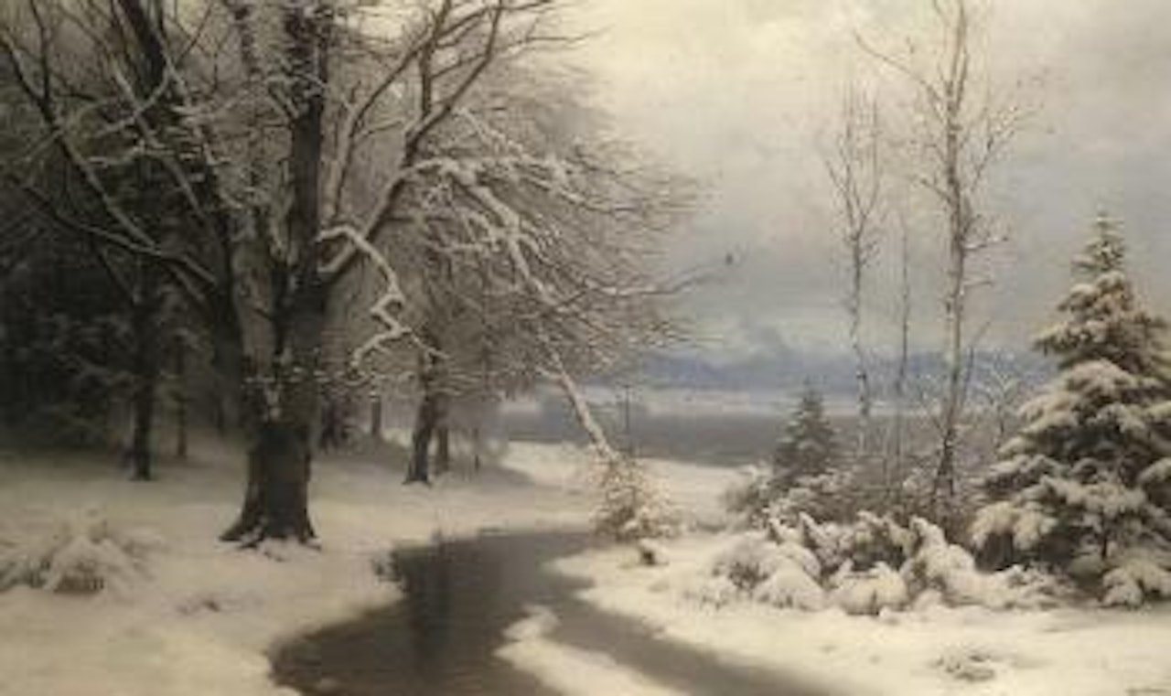 Wooded winter landscape with a stream and a lake beyond by Anders Andersen-Lundby