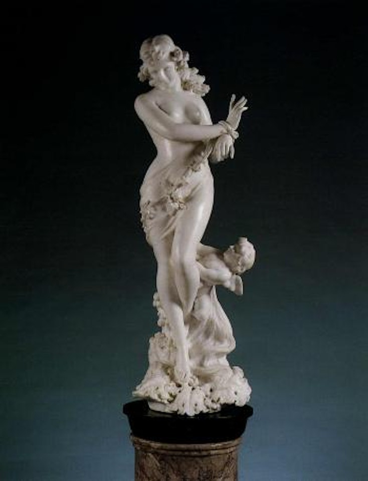 The goddess Psyche wearing drapery and flower chain, Cupid at her feet by A. Batacchi