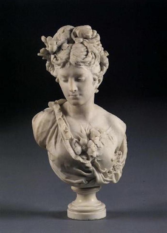 Bust of a young woman, wearing decollete dress and flowers by Albert-Ernest Carrier-Belleuse