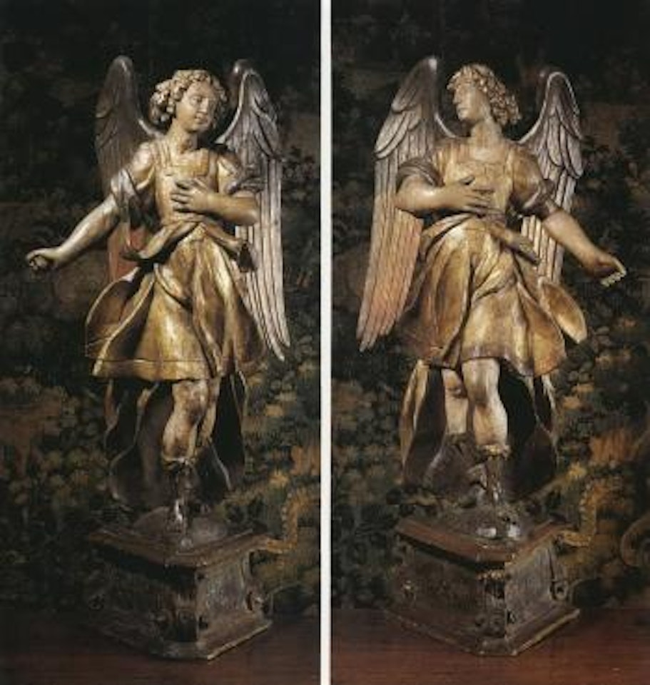 Figures of angels one hand held to breast, robes flowing behind by Italian School