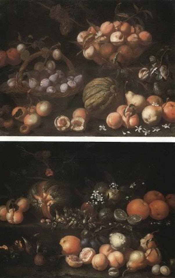 Plums in basket, peaches in bowl. Sliced melon, figs and fruit by Abraham Brueghel