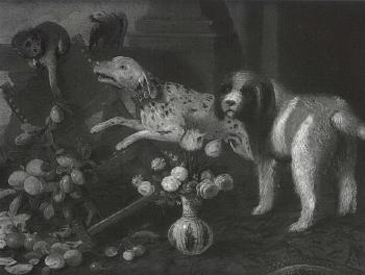 Dalmatian and Italian spinone chasing monkey on carpeted terrace by Jan Van Kessel The Elder