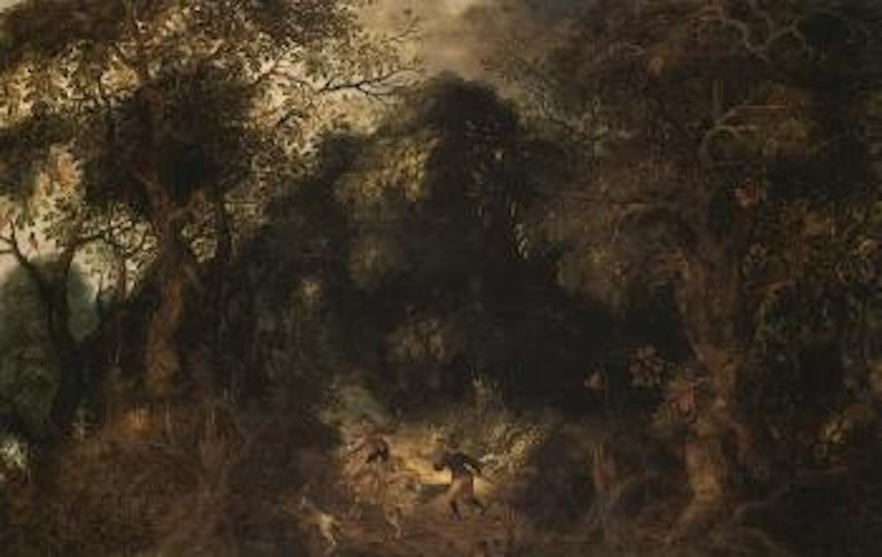 Boar hunt in forest by Abraham Govaerts