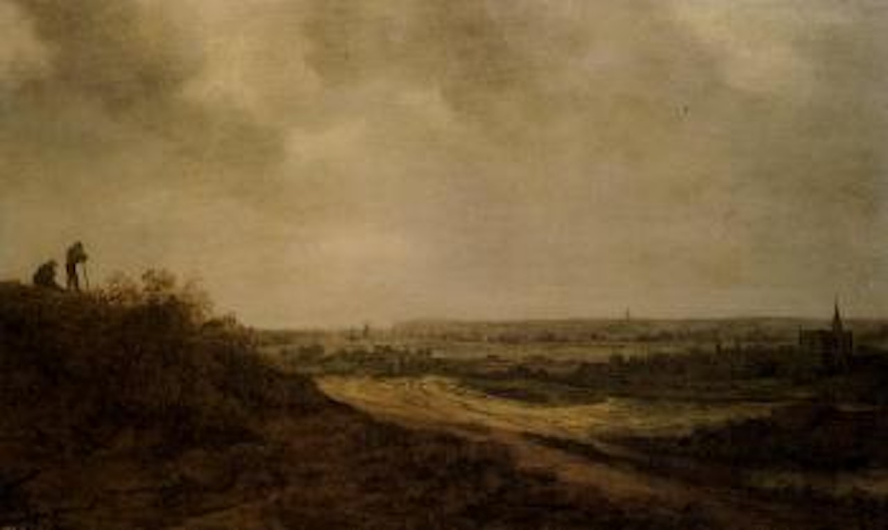 Landscape with two peasants on dune overlooking village by Jan van Goyen