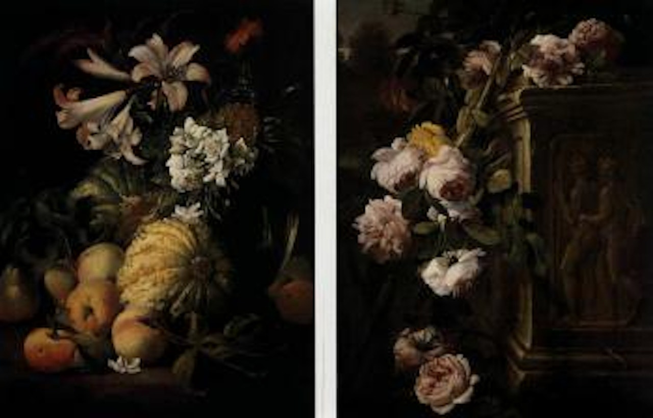 Lilies in vase, melons, pears and apples. Roses on classical pedestal by Abraham Brueghel