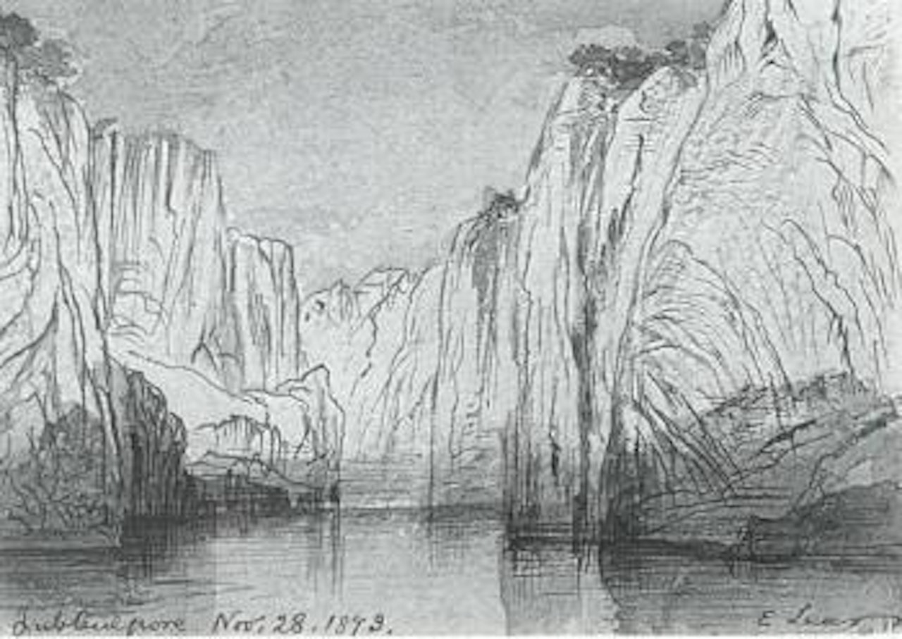 A river landscape with steep cliffs, probably India by Edward Lear