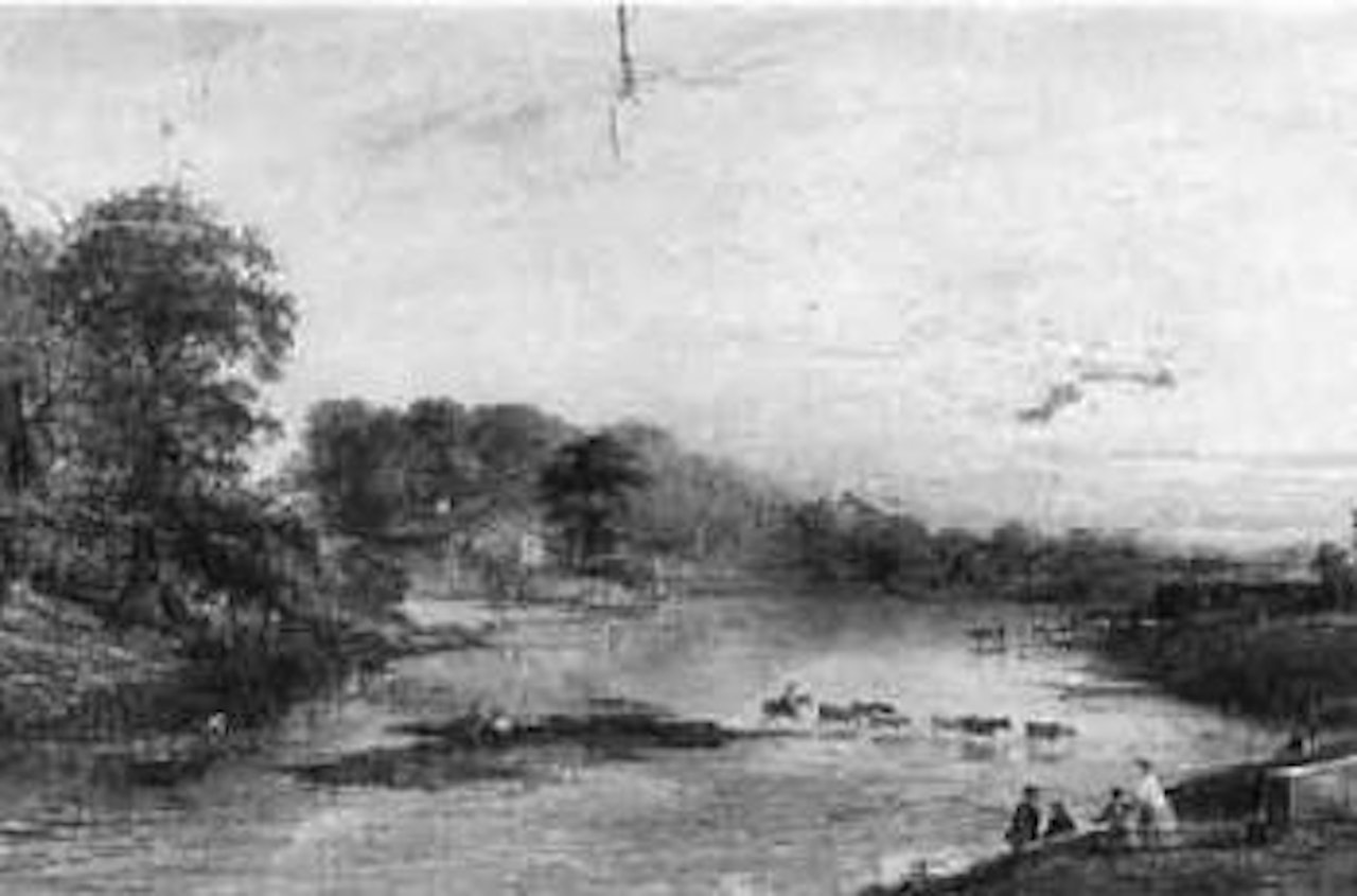 River landscape with cattle at ford by Jasper Francis Cropsey