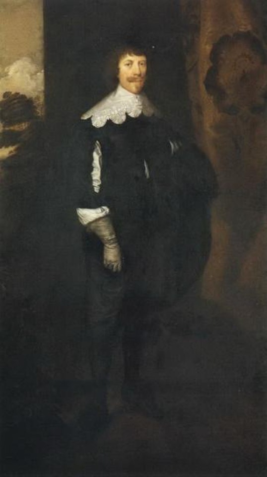 Portrait of Sir Edward Nicholas, holding grey gauntlet by draped curtain by Anthony van Dyck