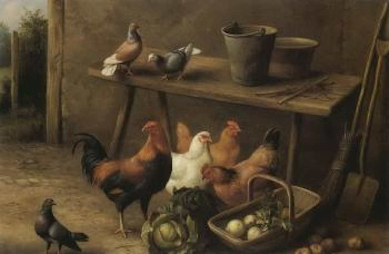 Chickens and pigeons in a farmyard by Edgar Hunt