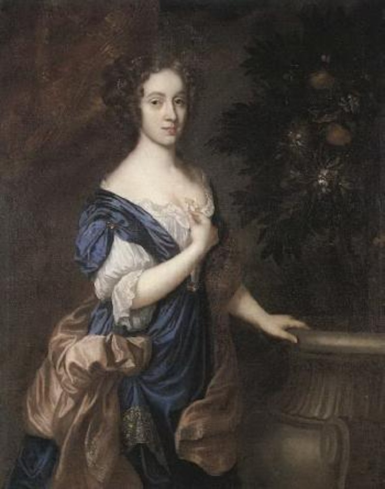 Lady in a blue dress holding a flower by an urn by Sir Peter Lely