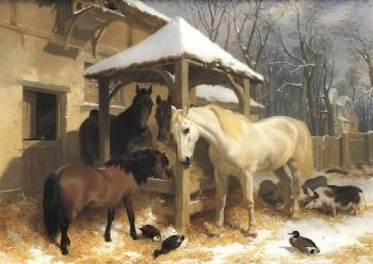 Farmyard in winter, horses, Shetland pony, pigs, duck by John Frederick Herring