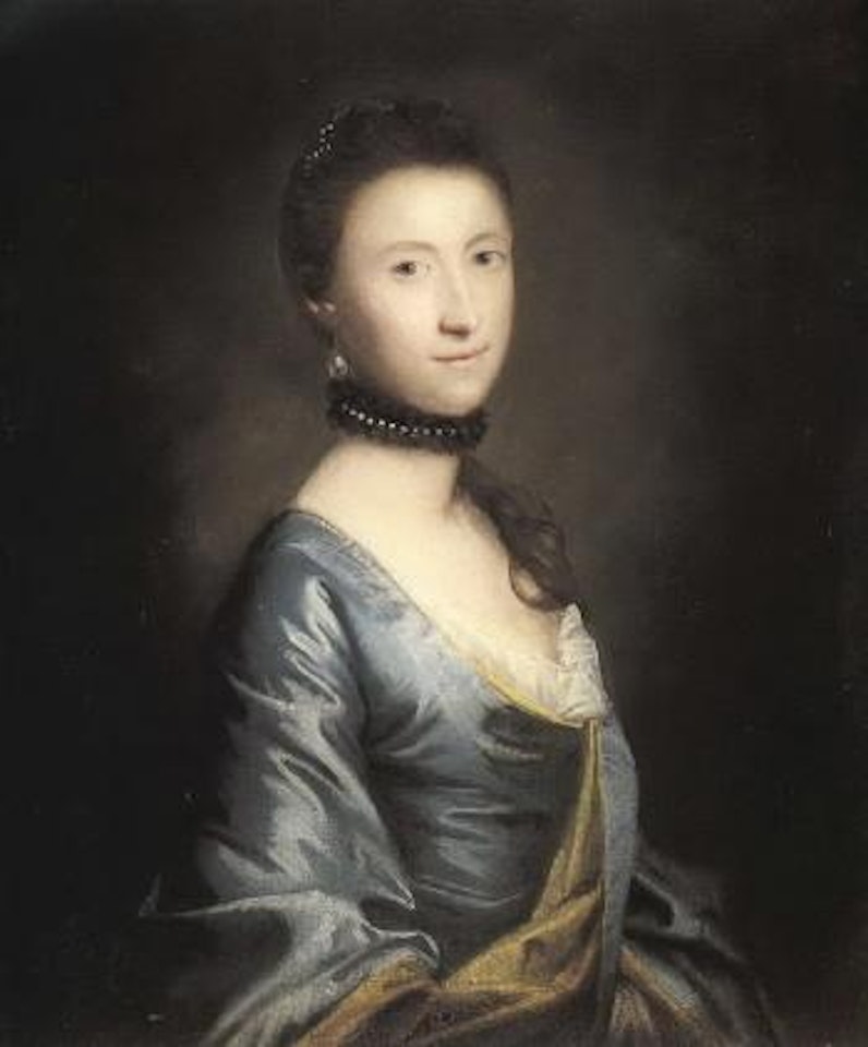 Lady wearing a blue dress and pearl choker by Circle of Joshua Reynolds