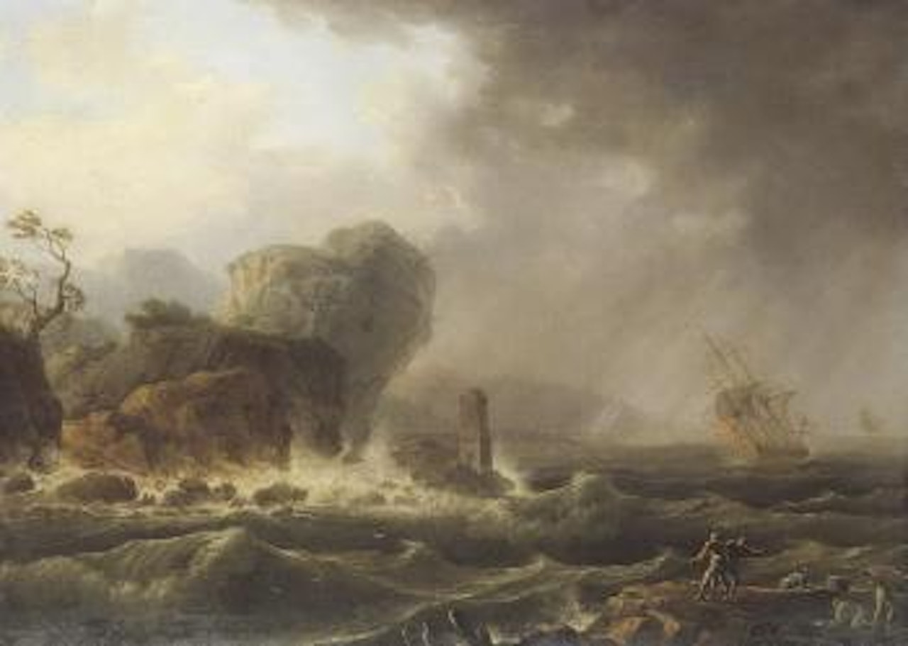 Storm off rocky Mediterranean coast, Men O'War and fishermen by Thomas Patch