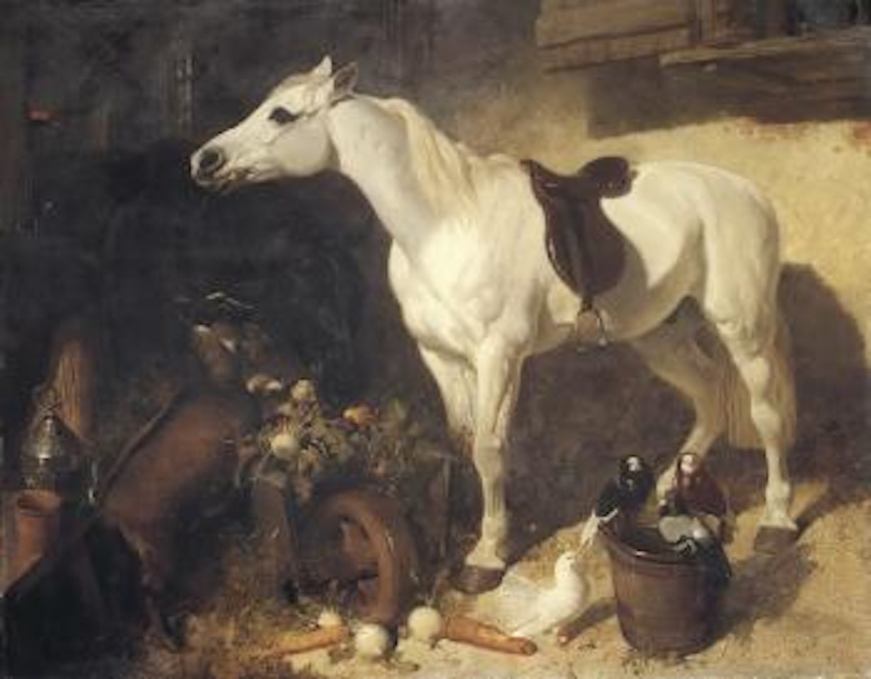 Horses, goat, doves and a pigeon outside a barn by John Frederick Herring
