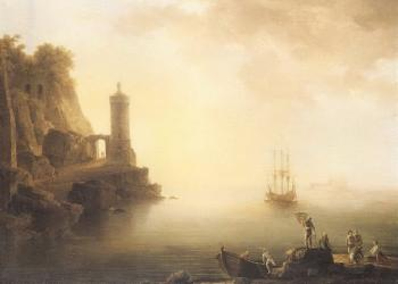 Mediterranean bay, British Man O'War and fishermen, sunset by Thomas Patch