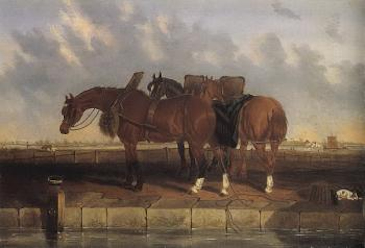 Three tow horses beside a canal, estuary beyond by John Frederick Herring