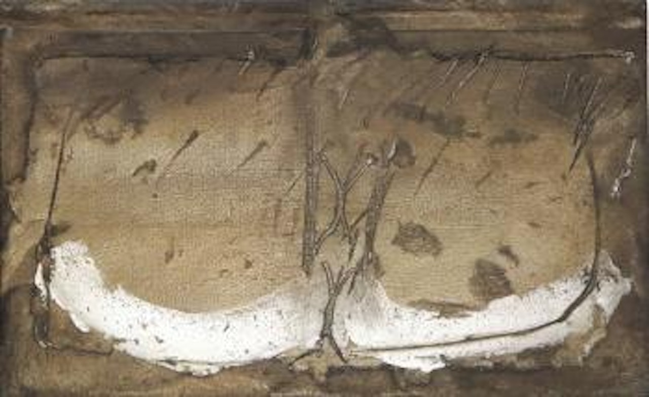 Two white marks on a Sienna background by Antoni Tapies