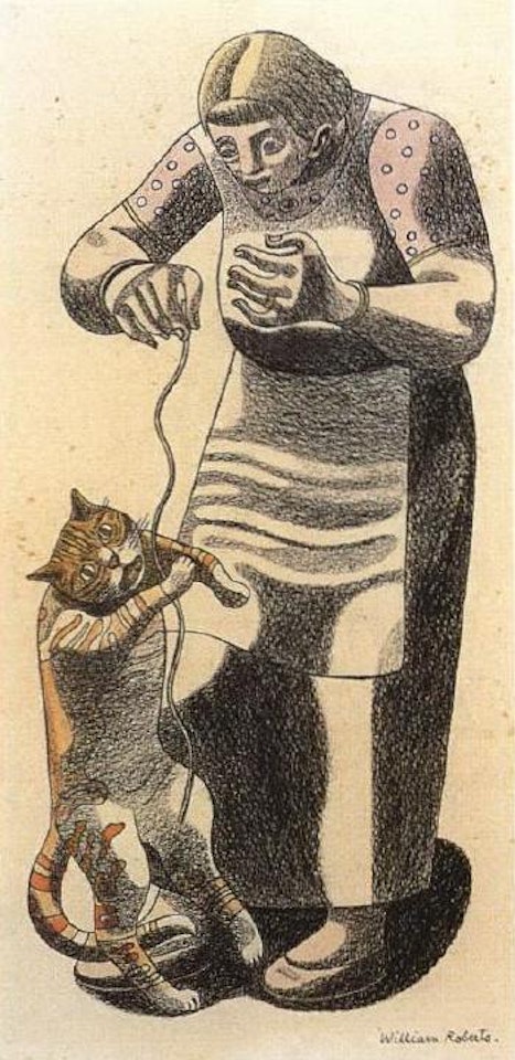 Woman playing with cat by William Roberts