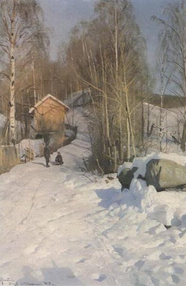 Winter landscape with children sledging by Peder Mork Monsted