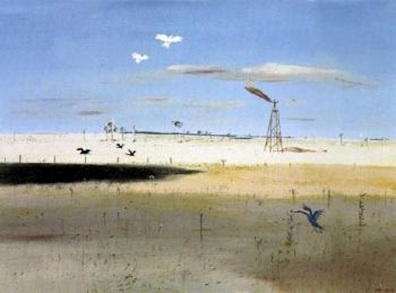 Wimmera landscape with windmill and white cockatoos by Arthur Merric Bloomfield Boyd