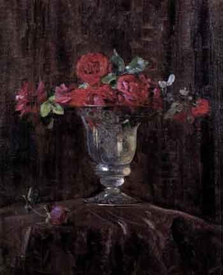 Still life with red roses in glass vase by Arthur Ernest Streeton