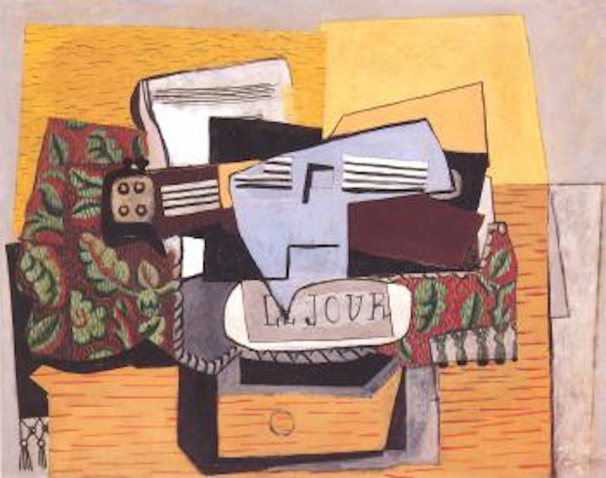 Violon et journal sur un tapis vert by Pablo Picasso