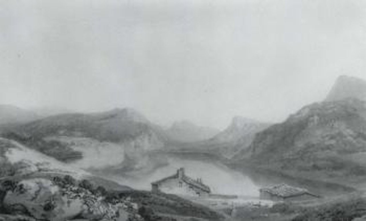 Cottages by a lake in a mountainous landscape by Joseph Mallord William Turner