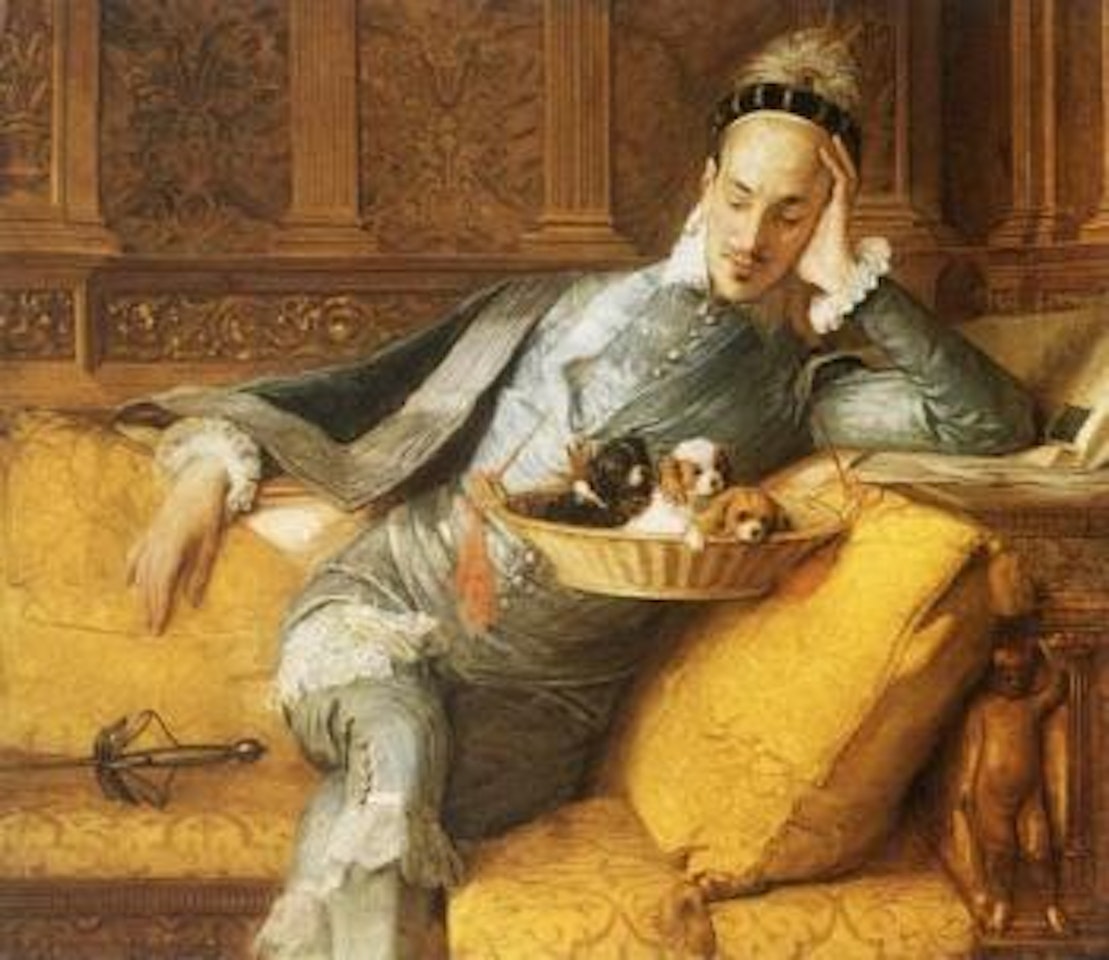 Man with basket of puppies by French School