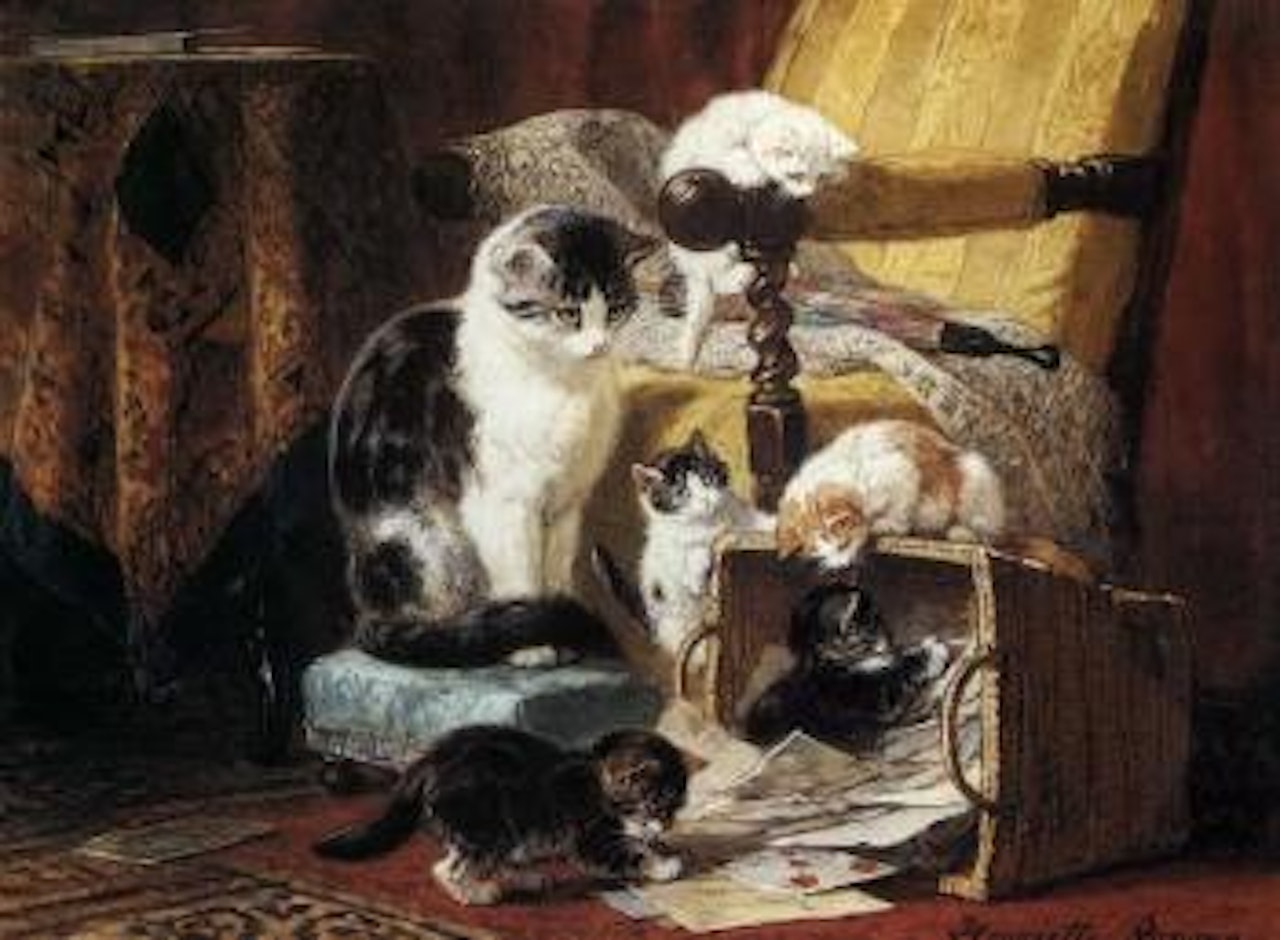 Kittens playing in basket by Henriette Ronner-Knip